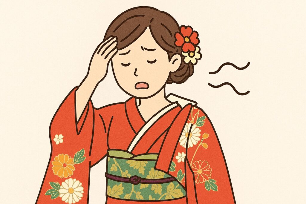 振袖が着崩れて困っている女性のイラスト