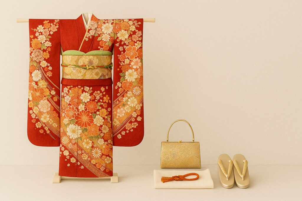 振袖フルセットを上品に並べた画像