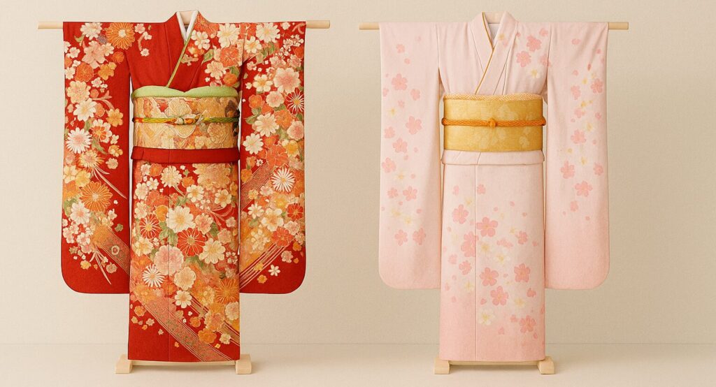左に豪華な赤の高級振袖、右にシンプルなピンクの安い振袖
